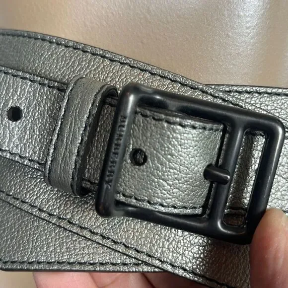 Burberry Gunmetal Silver Gray Leather Belt Large - Picture 5 of 6